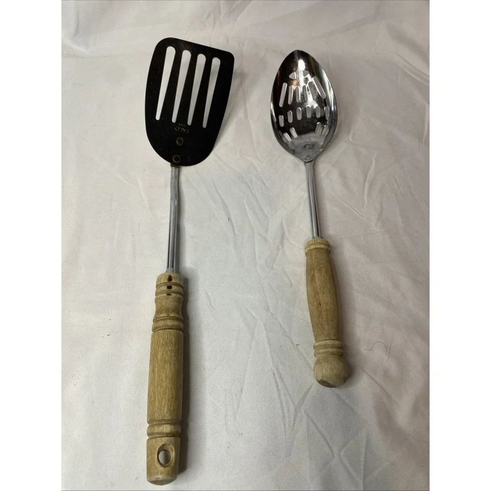 Vintage Ecko Slotted Stainless Steel Spatula And Slotted Spoon Wooden Handles